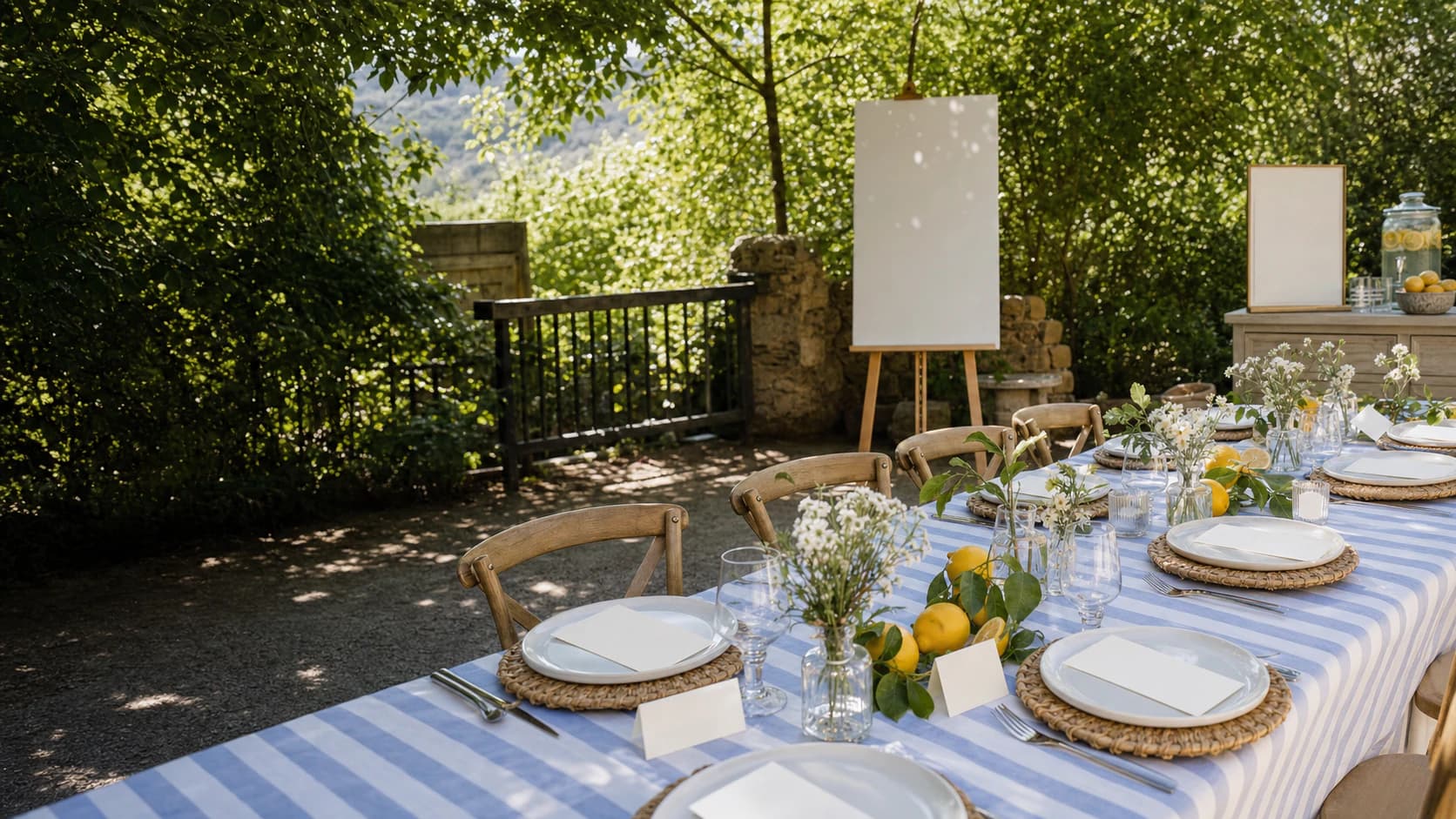 A Ciao Baby garden brunch set with the matching welcome sign, bar sign, menus and place cards