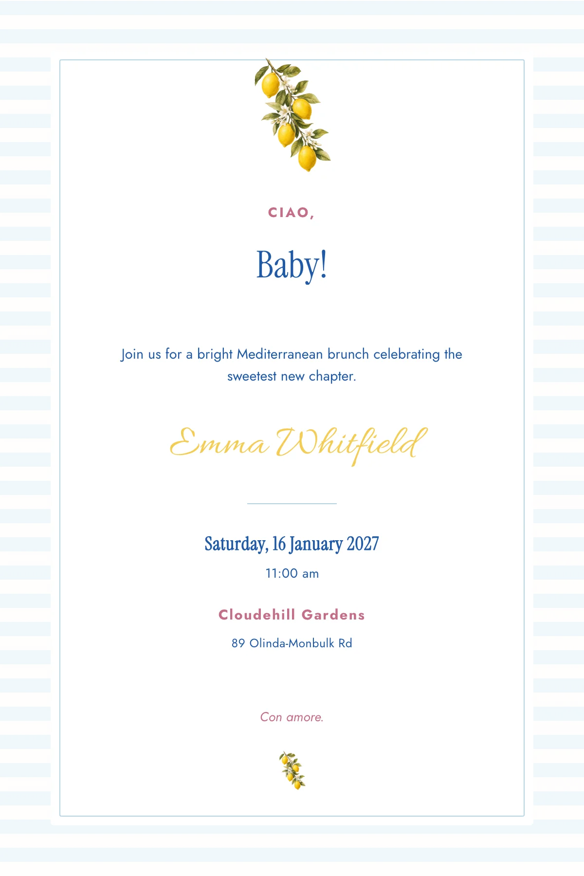 Ciao Baby invitation rendered by Milestones