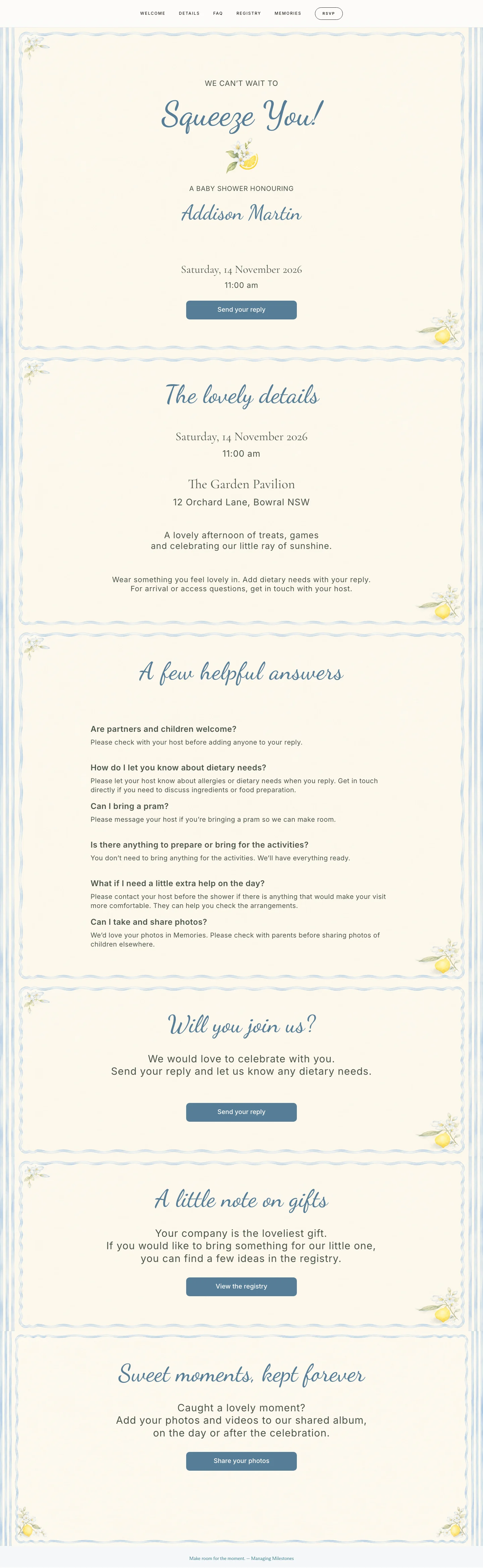 Squeeze You event website preview, with welcome, event details, FAQs, RSVP, registry and Memories sections